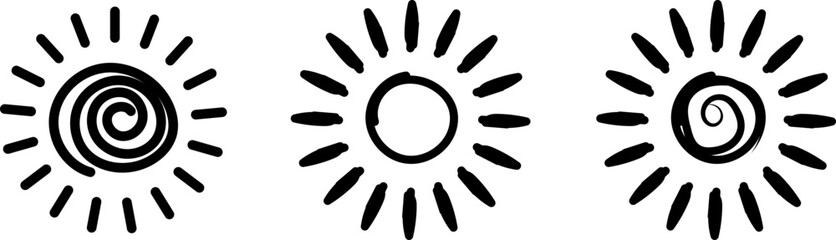 Three stylized sun symbols with spiral and oval designs