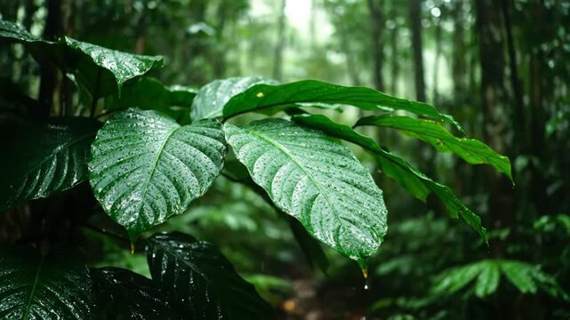 Large rainforest leaves gently sway and undulate in a soft breeze captured in mesmerizing slow motion patterns, large rainforest leaves, greenery