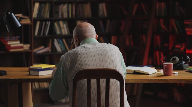 Elderly male sorting postal mail in home library, checking rising utility bills