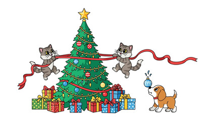 Christmas Cheer with Playful Companions: Amidst the festive glow of a Christmas tree, mischievous kittens playfully decorate with a ribbon, while a spirited puppy chases a festive bauble.