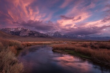 Serene Sunset Over Owens River: Pink Clouds Hovering Above Sierra Nevada Mountains, Near Mammoth Lakes, California