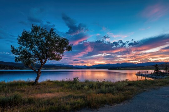 Serene Sunset Over Willow Creek Reservoir near Granby Colorado: A Tranquil Landscape of Lake, Mountains, and Lush Forests