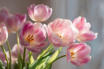 Naklejka premium Charming tulip bouquet in soft pink hues with white edges and vibrant green leaves, set against a gentle backdrop for a warm and inviting ambiance. Perfect for floral enthusiasts