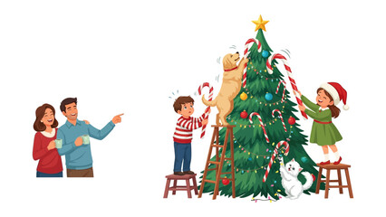 Holiday Family Decorating the Christmas Tree: Capturing a warm, familial moment as a family decorates their Christmas tree. Filled with joy and holiday spirit. 