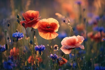 Vibrant red poppies bloom amidst contrasting blue flowers in a serene field, showcasing lush greenery and soft lighting for a tranquil, picturesque nature scene