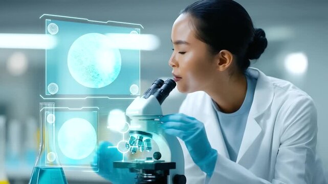 A professional lab technician wearing protective gloves and a white lab coat analyzes water samples under a microscope in a clean, modern laboratory. Floating digital overlays appe