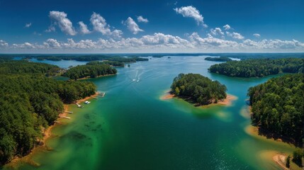 Obraz premium Stunning Aerial Perspective of Lake Lanier Featuring Beaches, Boating Activities, and Vibrant Natural Landscapes