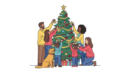 Family decorating Christmas tree: A family gathers to decorate a festive tree, creating a scene of holiday cheer and shared joy.