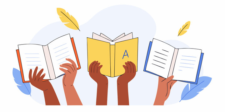 Diverse hands holding open books symbolizing education and the joy of reading together