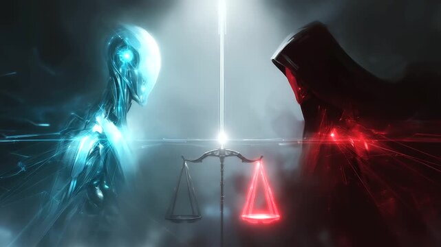 A powerful conceptual digital artwork depicting the duality of artificial intelligence