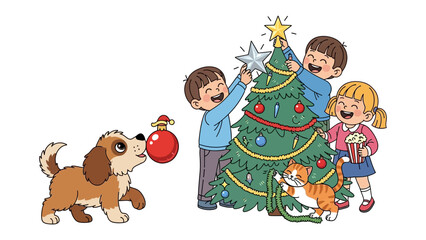 Festive Fun: A group of children and their furry companion embrace the holiday spirit, adorning a vibrant Christmas tree with ornaments, all while a playful puppy and a cute cat are nearby. 