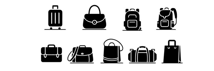 Travel Luggage and Fashion Bag Icon Set | Black Solid Vector Accessory Collection