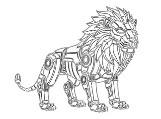 Steampunk-style mechanical lion Illustration. Intricate line art depicting a robotic lion, showcasing detailed mechanical features
