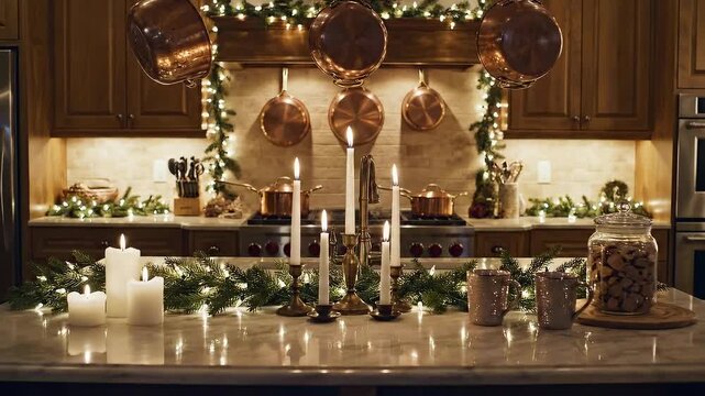 Christmas kitchen holiday decor with warm lights, copper pots and pan, candles glow, festive