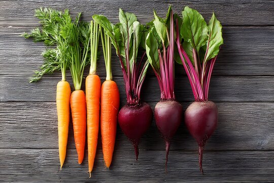 Fresh carrots and beetroots with leaves arranged on board