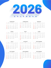 Simple 2026 yearly calendar layout in white blue color