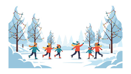 Winter Wonderland: Joyful figure skaters glide across a frozen pond, the scene adorned with snow-laden trees and twinkling lights, capturing the essence of winter fun and festive cheer.