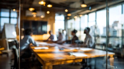 Through the glass, a group of focused individuals can be seen deep in conversation around a large wooden table. Bright lights illuminate the modern meeting room filled with papers and ideas