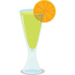 Tall clear glass filled with light green liquid and bubbles topped with a bright orange slice garnish on a clean white background vector art