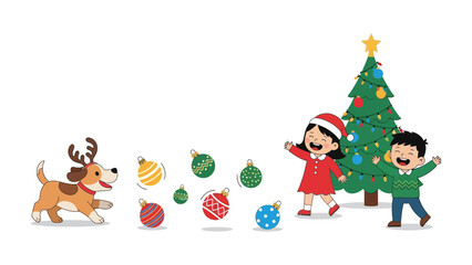 Christmas joy: Two children and a dog are happily playing around a Christmas tree, decorations and festive mood.