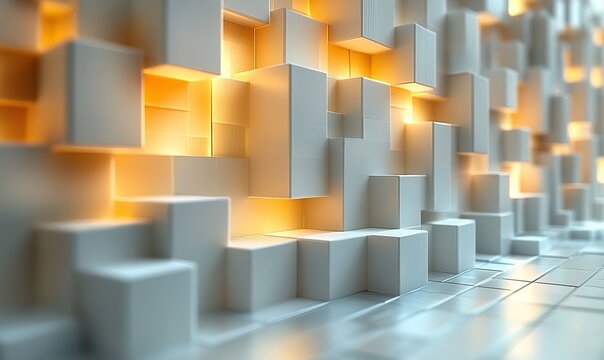Abstract white cube blocks pattern illuminated by warm golden light texture wall