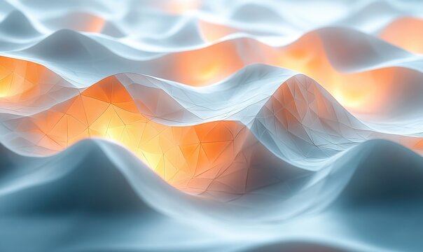 Abstract blue wave structure revealing glowing orange polygonal subsurface element