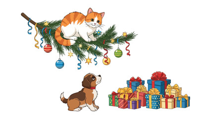 Christmas Cat and Dog Scene: A charming illustration captures the festive spirit of Christmas.