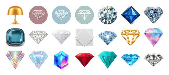 Collection of colorful diamond illustrations and geometric shapes, presented on transparent background