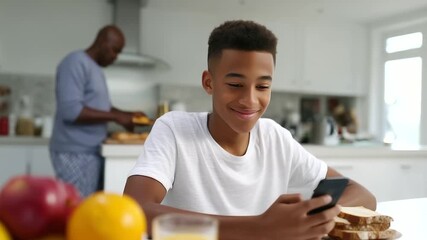 Candid family morning in a bright modern kitchen. A teenage boy sits at  - Powered by Adobe