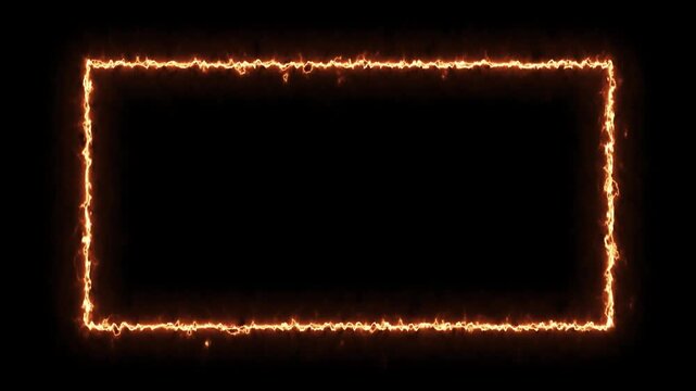 Glowing fiery rectangular frame with burning edges on a dark background. Dynamic flame animation with intense orange light, perfect for hot energy effects, intros, and cinematic designs.