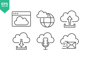 Set Of Cloud Computing Line Icons. The set includes a Data Analyzing, Data Center, Internet Technology, Cloud Storage, Database Platform, Computer Digital System, and more.