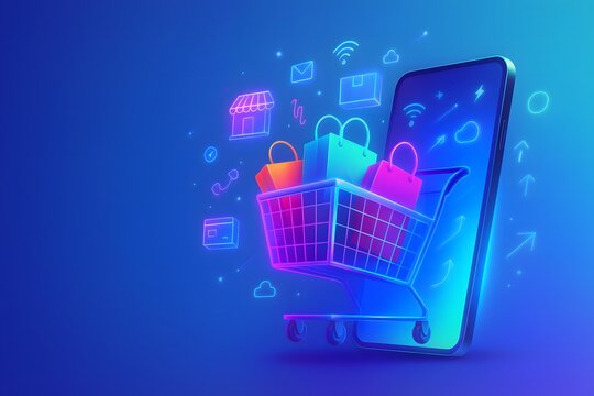  Abstract e-commerce illustration with bright neon gradient and metallic cart - Powered by Adobe