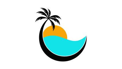 Modern Tropical Sunset Logo with Palm Tree and Ocean Wave