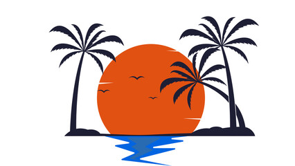 Retro Tropical Sunset with Two Palm Tree Silhouettes