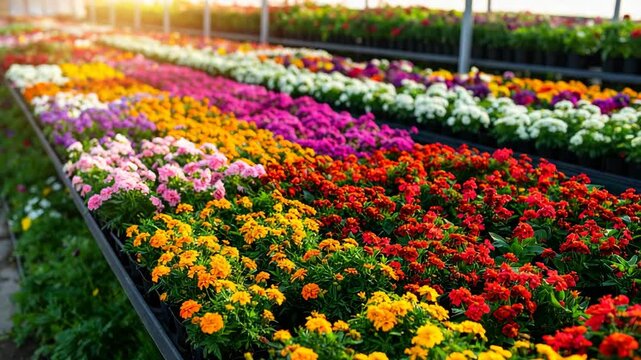 Rows of colorful flowering plants in a nursery, featuring vibrant red, yellow, orange, purple and white blooms, arranged in a greenhouse setting.