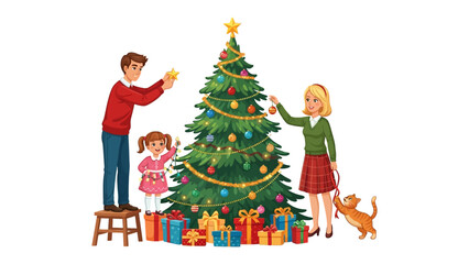 Christmas Tree Decoration: A happy family gathered around a beautifully decorated Christmas tree, adding ornaments and spreading the joy and anticipation of the holiday season. 