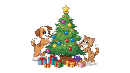 Fototapeta premium Holiday Friends: A charming depiction of a puppy and kitten, decorating a Christmas tree with festive ornaments and exchanging gifts, captures the joy and warmth of the holiday spirit.