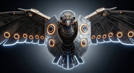 Robotic Owl Guardian: Armored Bird with Neon Lights, Protective Design and Futuristic Technology