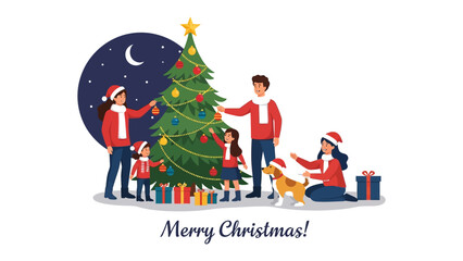 Christmas Family Togetherness: An illustration of a happy family gathering, decorating a Christmas tree together, their faces lit with joy and anticipation for the holiday.