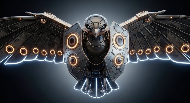Robotic Owl Guardian: Armored Bird with Neon Lights, Protective Design and Futuristic Technology