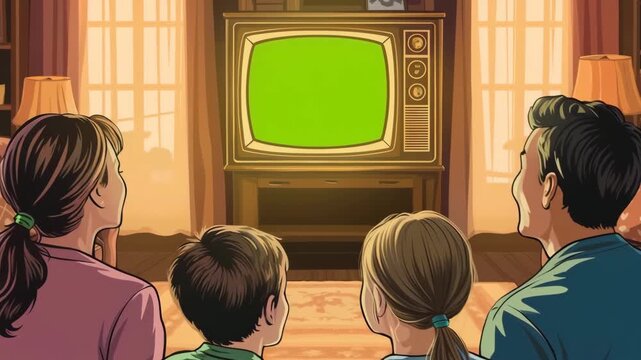 Family watching retro TV with green screen in cozy living room. Nostalgic illustration of parents and children enjoying home entertainment.