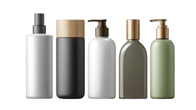 Isolated set of blank cosmetic bottles and containers for shampoo, lotion, and perfume on a white background, emphasizing beauty and care packaging