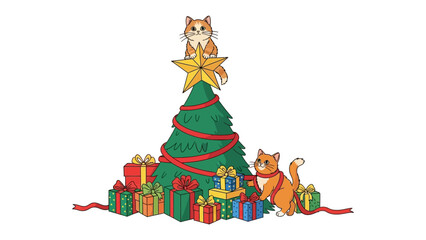 Christmas Cat Celebration: A playful scene features two charming orange cats amidst a festive Christmas tree, adorned with star, and surrounded by colorful wrapped gifts.