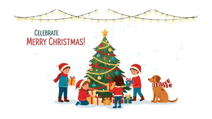 Holiday Cheer: Animated youngsters and a friendly canine revel in the magic of the holiday, surrounded by beautifully adorned evergreen, radiant fairy lights, and thoughtfully presented gifts.