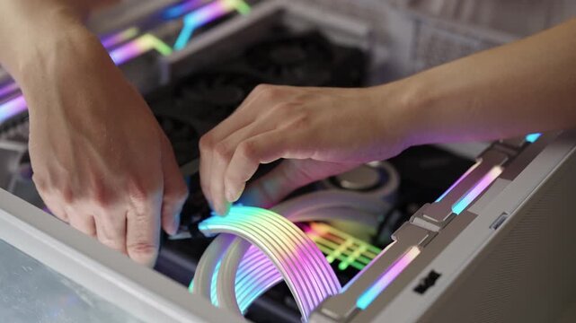 Technician installing components and customizing desktop computer system with rgb lighting, performing pc building, assembly, maintenance, upgrade tasks for gaming and technology enthusiasts, close-up