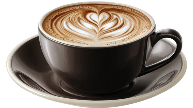  Closeup of a hot cappuccino with latte art and foam in a white mug on a brown table for breakfast