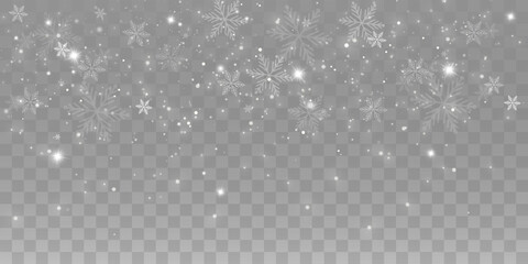 Shiny snowflakes, glitter particles, and glowing stars on transparent background. Beautiful sparkle light for Christmas, winter, or festive decoration.
