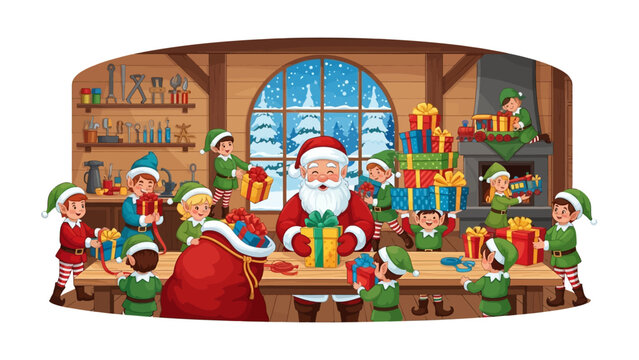 Workshop Wonderland: A jovial workshop scene unfolds as a jolly figure surrounded by industrious helpers meticulously prepares for the season of giving.