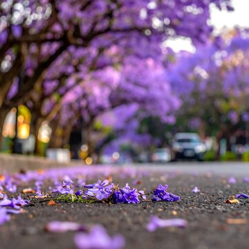 Close-up of road and jacaranda trees in full bloom, soft focus, cars, sunny day