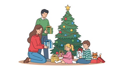 Holiday Moments: A family joyfully unwraps gifts near a festively decorated Christmas tree, a scene of holiday happiness and togetherness.